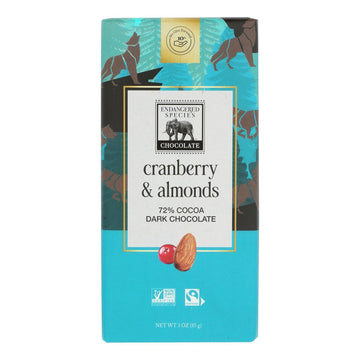 Endangered Species Natural Chocolate Bars - Dark Chocolate - 72 Percent Cocoa - Cranberries And Almonds - 3 Oz Bars - Case Of 12 - Maras Green