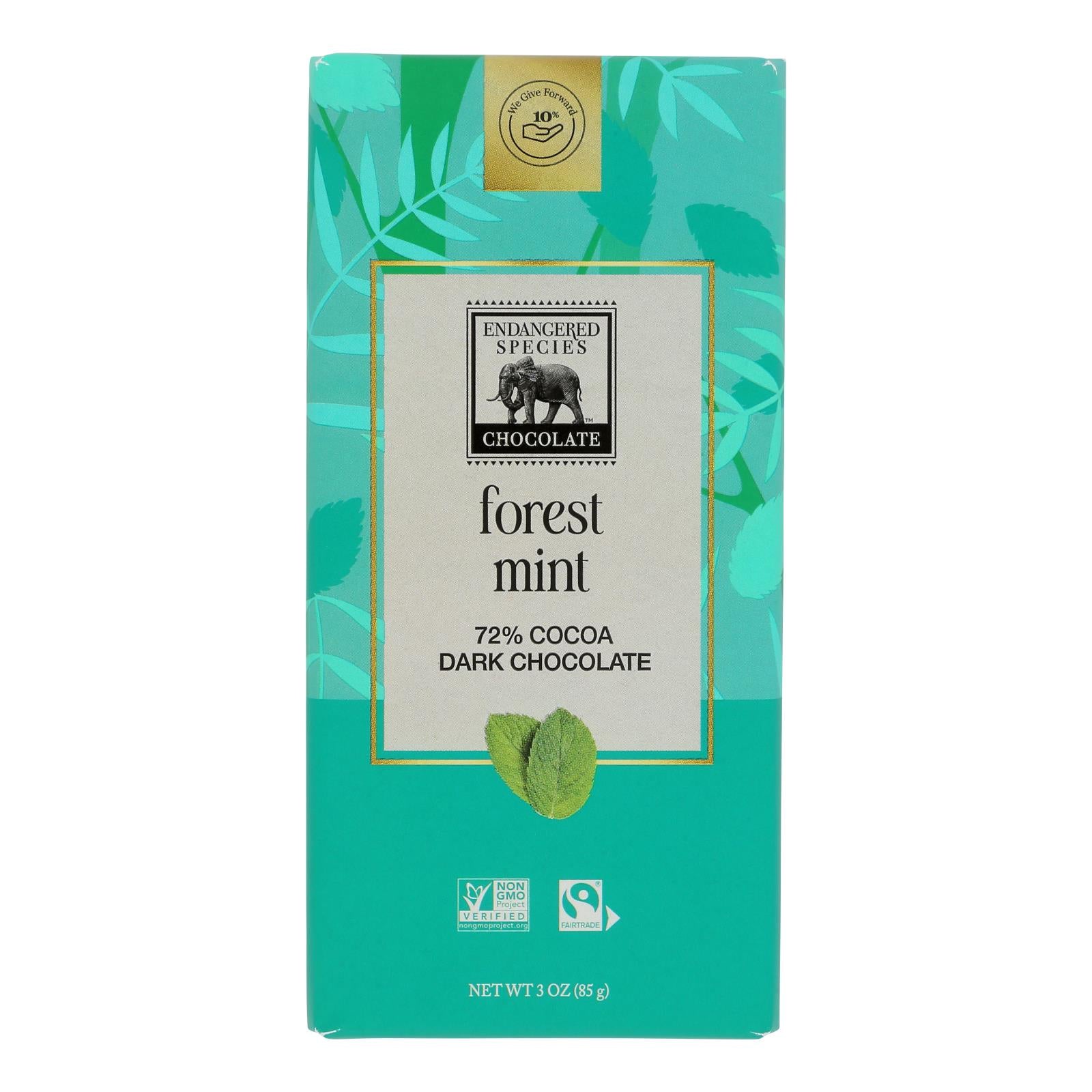 Endangered Species Natural Chocolate Bars - Dark Chocolate - 72 Percent Cocoa - Forest Mint - 3 Oz Bars - Case Of 12 - Maras Green