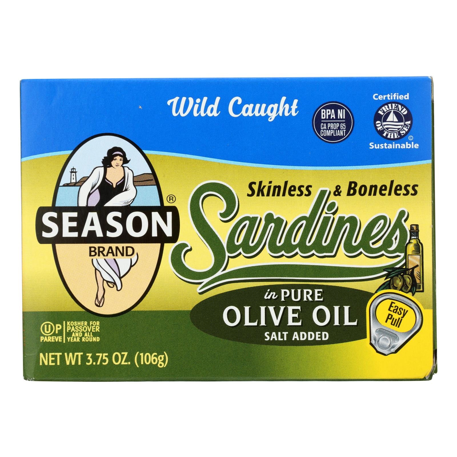 Season Skinless & Boneless Sardines In Pure Olive Oil  - Case Of 12 - 3.75 Oz - Maras Green