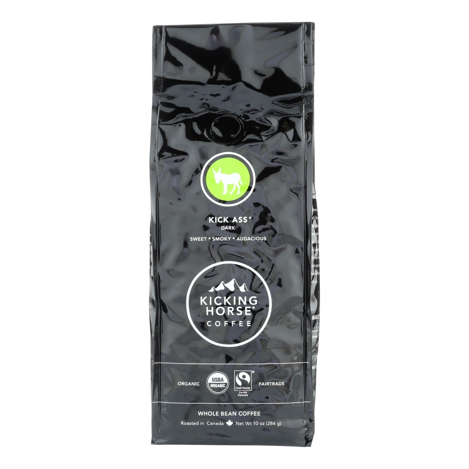 Kicking Horse Coffee - Organic - Whole Bean - Kick Ass - Dark Roast - 10 Oz - Case Of 6 - Maras Green