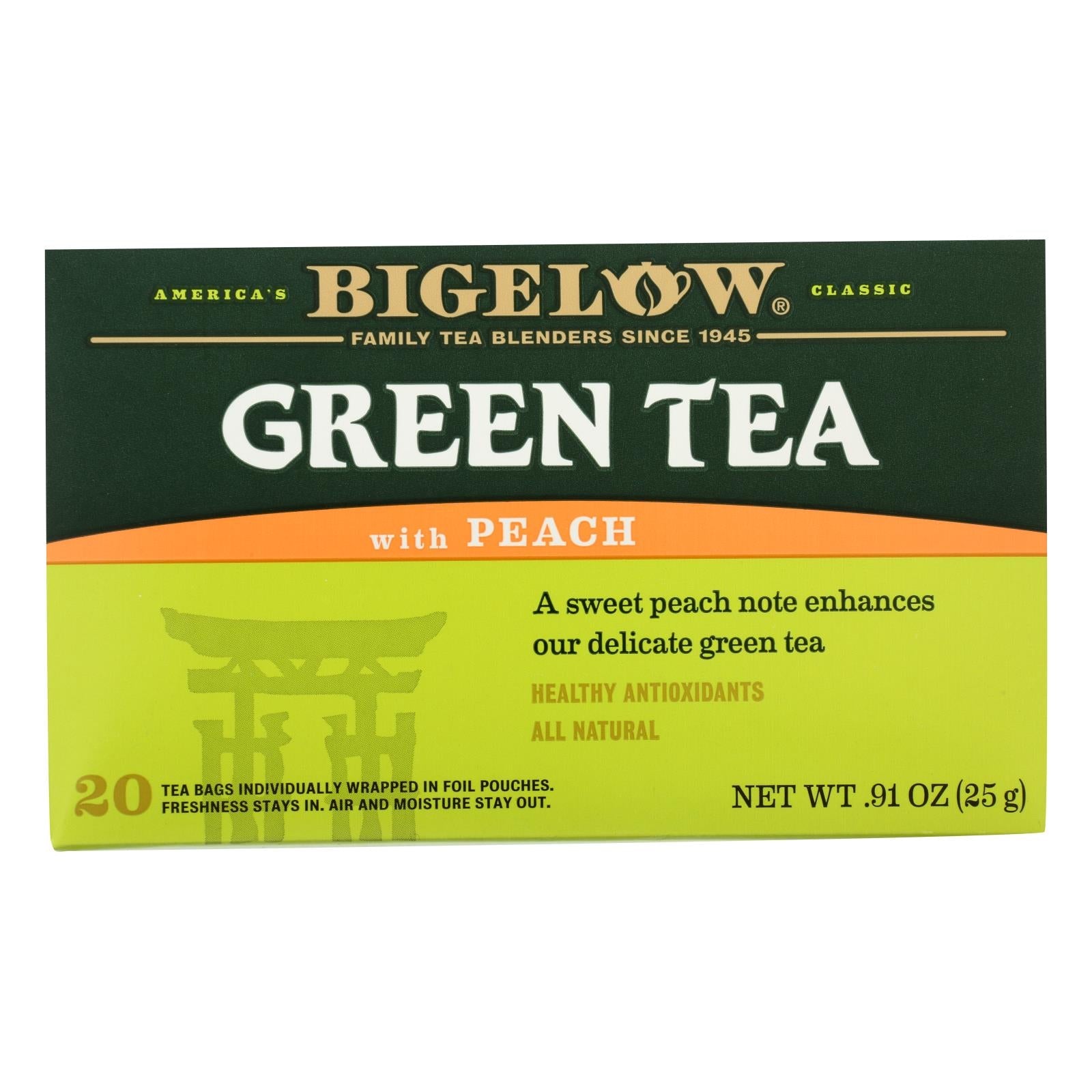 Bigelow Tea Green Tea - With Peach - Case Of 6 - 20 Bag - Maras Green