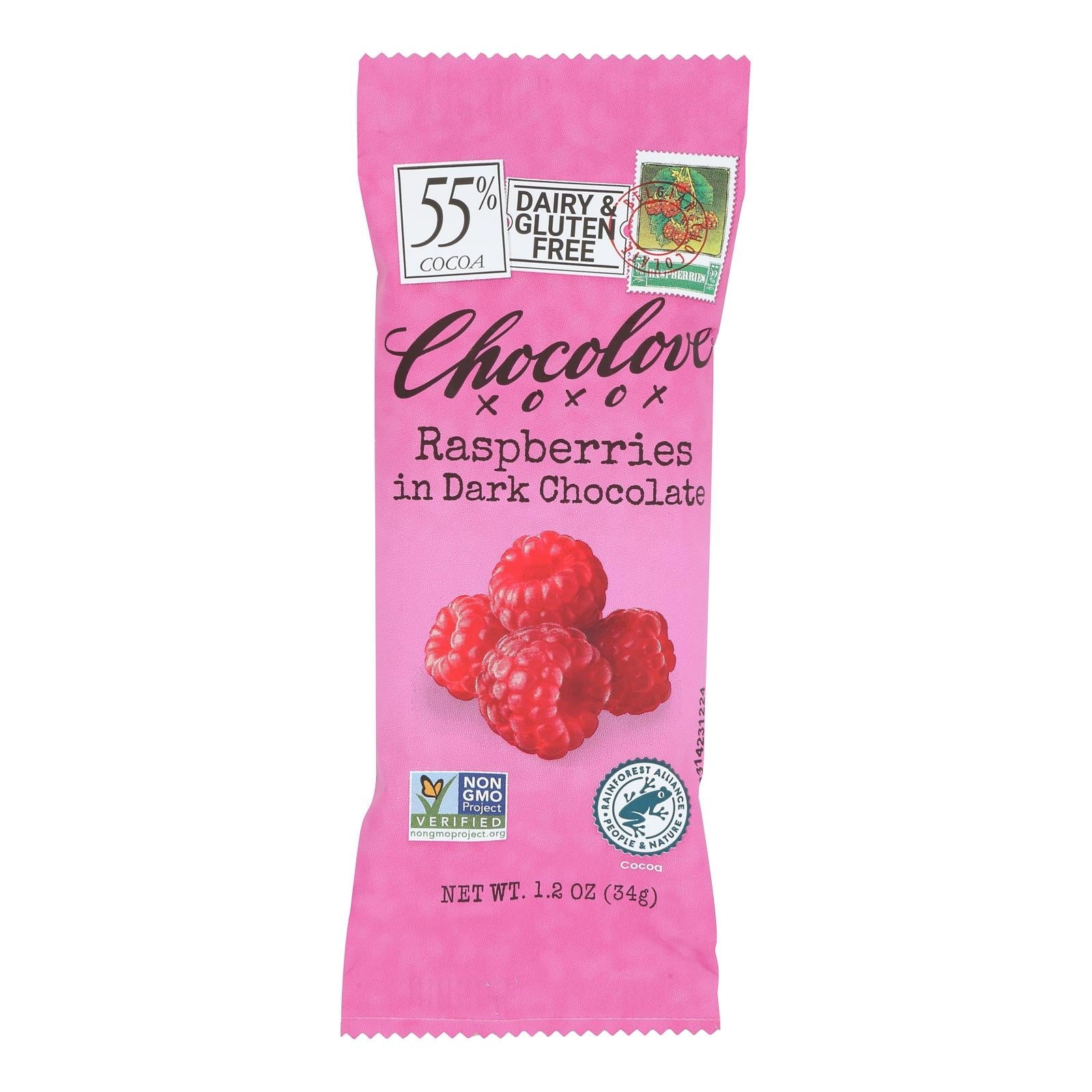 Chocolove Xoxox - Premium Chocolate Bar - Dark Chocolate - Raspberries - Mini - 1.2 Oz Bars - Case Of 12 - Maras Green