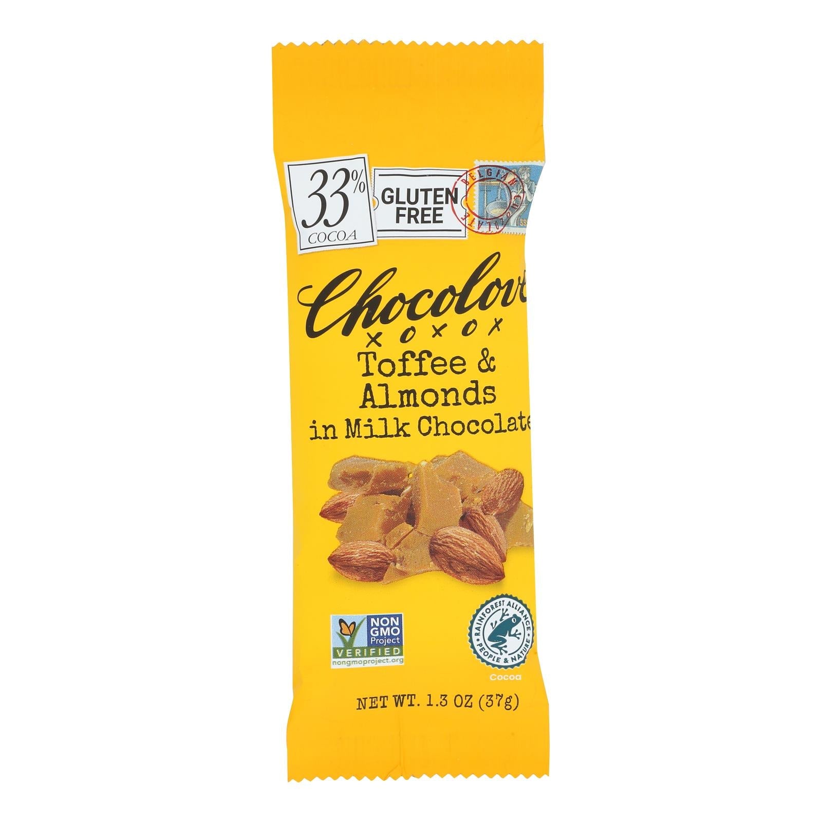 Chocolove Xoxox - Premium Chocolate Bar - Milk Chocolate - Toffee And Almonds - Mini - 1.3 Oz Bars - Case Of 12 - Maras Green