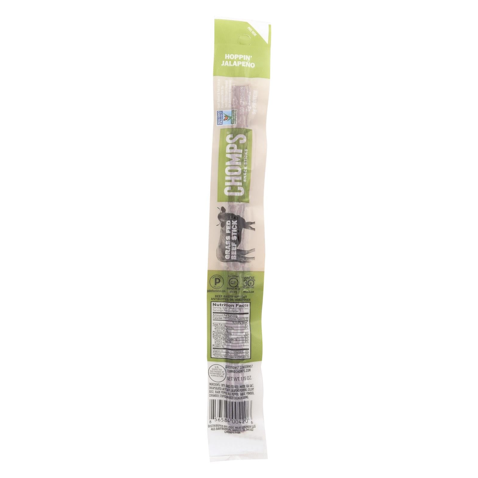Chomps Beef Sticks - Hoppin Jalapeno - Case Of 24 - 1.15 Oz - Maras Green