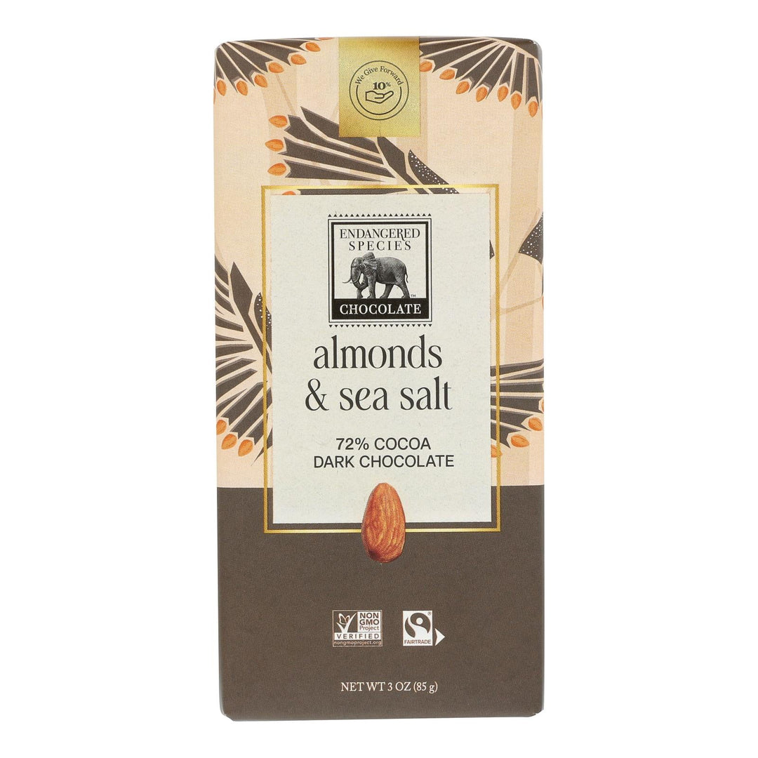 Endangered Species Natural Chocolate Bar - Dark Chocolate - 72 Percent Cocoa - Sea Salt And Almonds - 3 Oz Bars - Case Of 12 - Maras Green