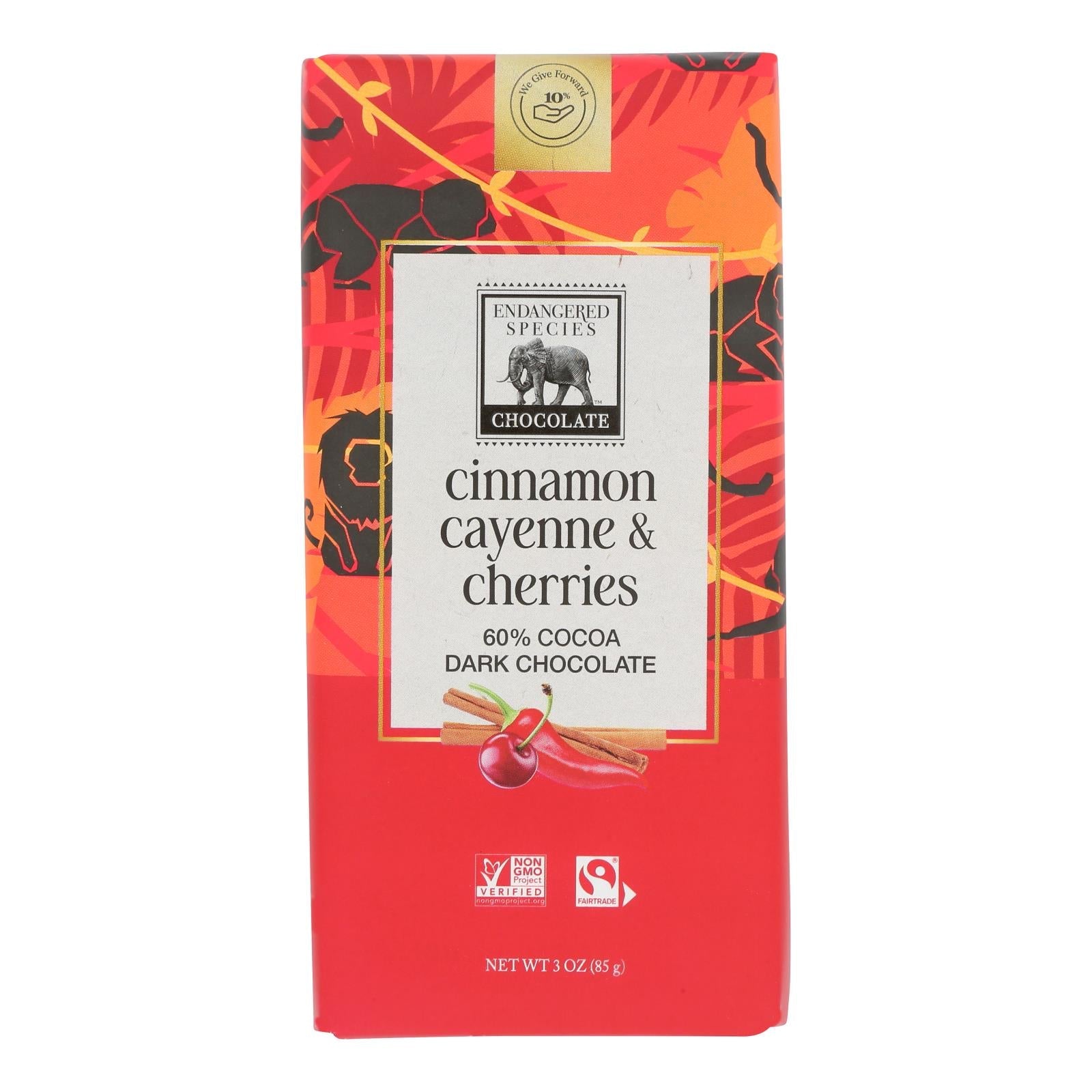 Endangered Species Natural Chocolate Bars - Dark Chocolate - 60 Percent Cocoa - Cinnamon Cayenne And Cherries - 3 Oz Bars - Case Of 12 - Maras Green
