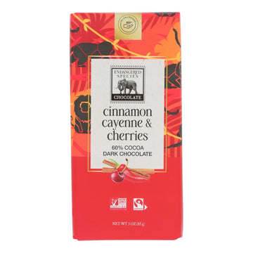 Endangered Species Natural Chocolate Bars - Dark Chocolate - 60 Percent Cocoa - Cinnamon Cayenne And Cherries - 3 Oz Bars - Case Of 12 - Maras Green