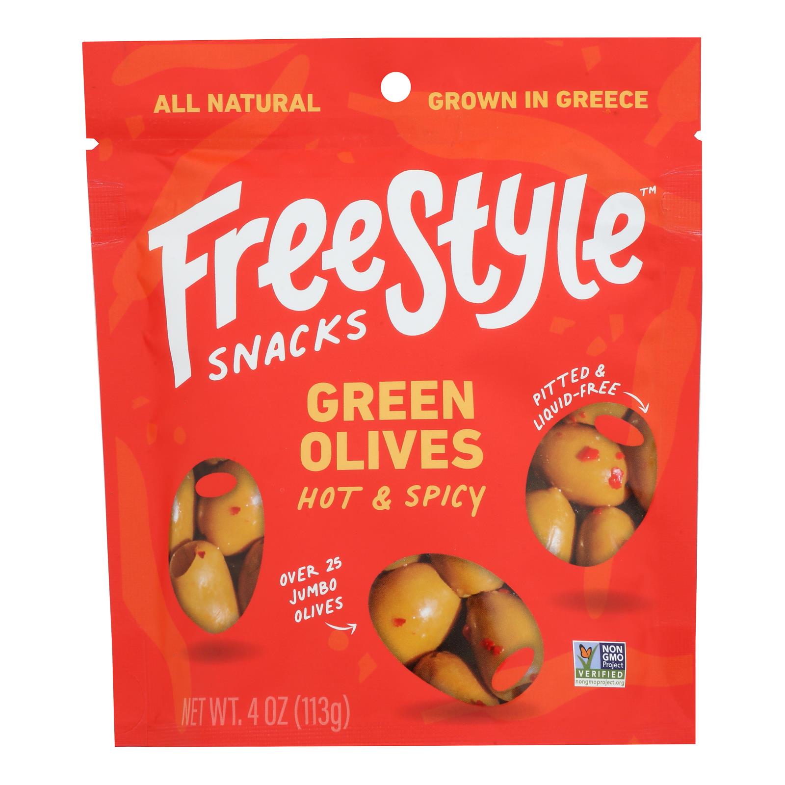 Freestyle Snacking - Olives Green Hot And Spicy - Case Of 6 - 4 Ounce - Maras Green