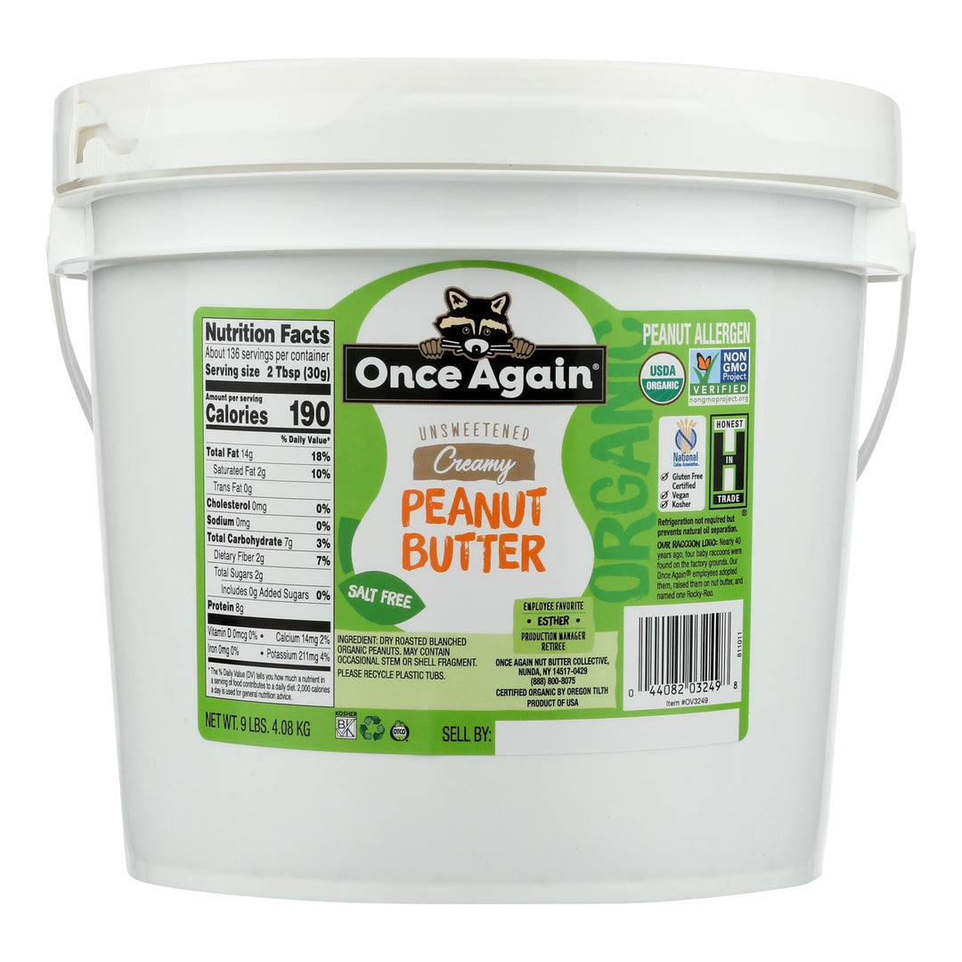 Once Again Organic Creamy Peanut Butter No Salt - Single Bulk Item - 9lb - Maras Green