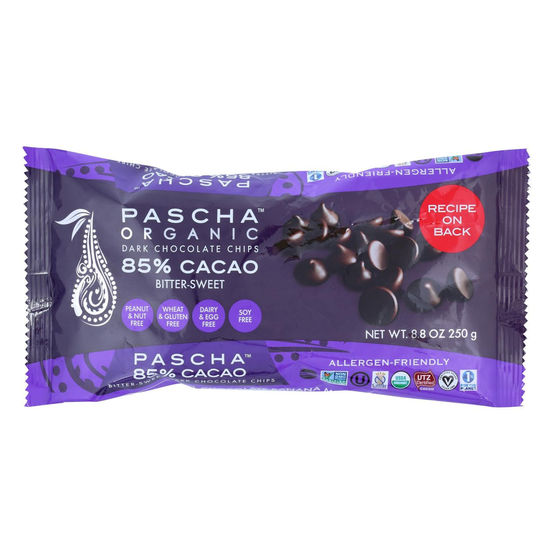 Pascha Organic Chocolate Chips - bitter - sweet Dark 85% - Case Of 6 - 8.8 Oz - Maras Green
