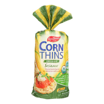 Real Foods Organic Corn Thins - Sesame - Case Of 6 - 5.3 Oz. - Maras Green