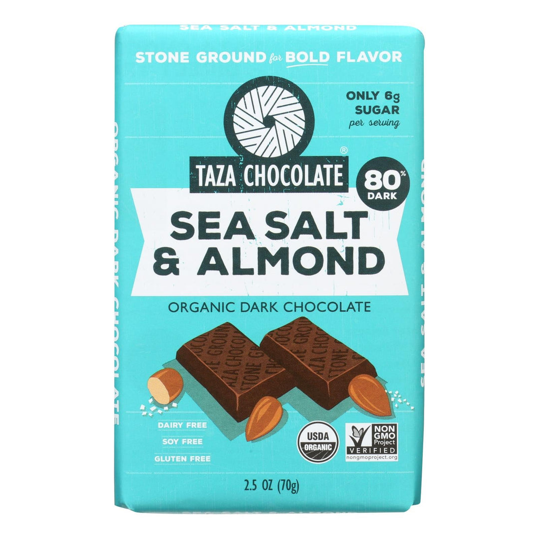 Taza Chocolate Stone Ground Organic Dark Chocolate Bar - Sea Salt And Almond - Case Of 10 - 2.5 Oz. - Maras Green