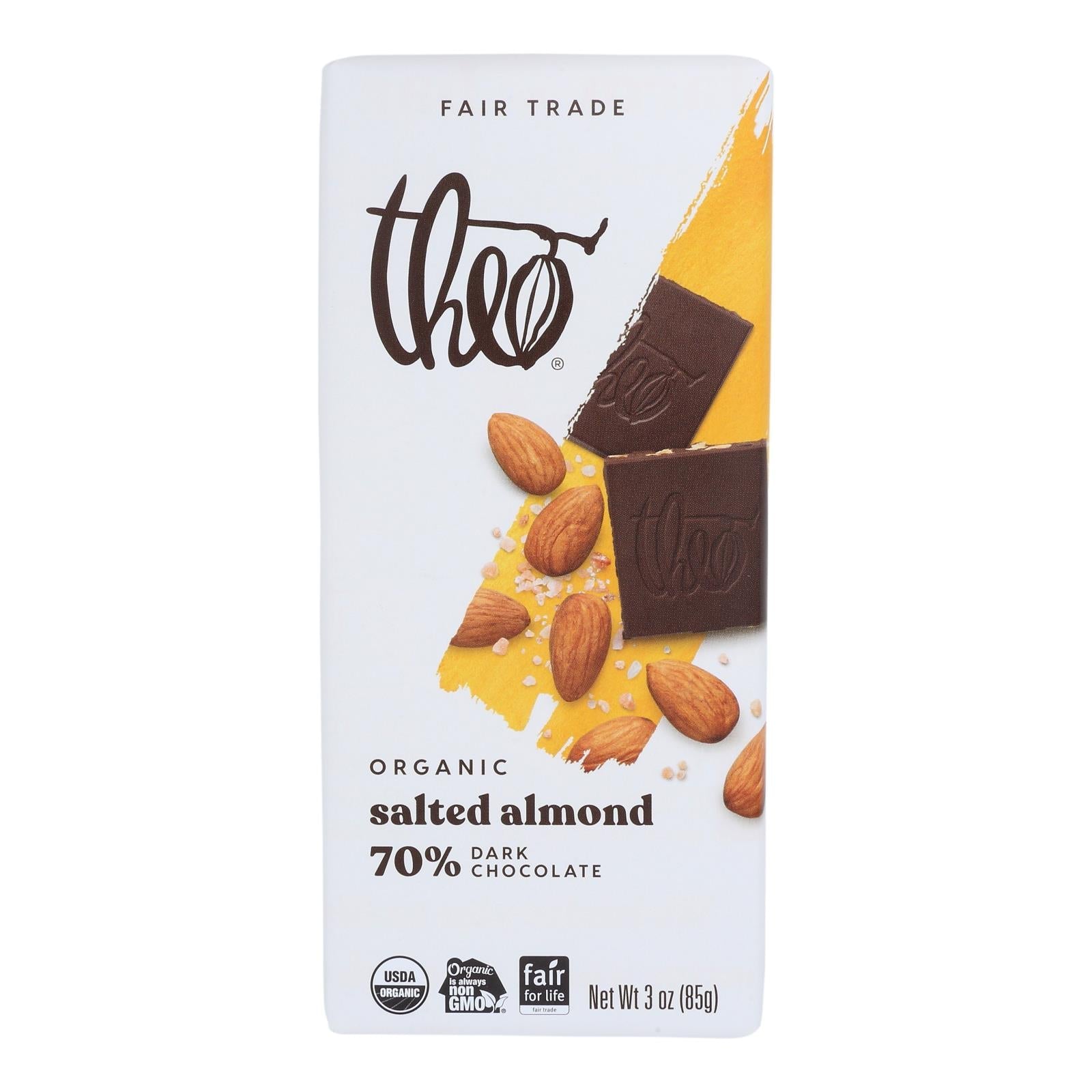 Theo Chocolate Organic Chocolate Bar - Classic - Dark Chocolate - 70 Percent Cacao - Salted Almond - 3 Oz Bars - Case Of 12 - Maras Green