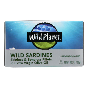 Wild Planet Wild Sardines - Skinless Boneless Fillets In Olive Oil - Case Of 12 - 4.25 Oz - Maras Green