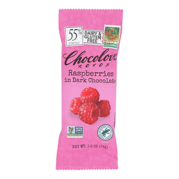 Chocolove Xoxox - Premium Chocolate Bar - Dark Chocolate - Raspberries - Mini - 1.2 Oz Bars - Case Of 12 - Maras Green