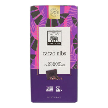 Endangered Species Natural Chocolate Bars - Dark Chocolate - 72 Percent Cocoa - Cacao Nibs - 3 Oz Bars - Case Of 12 - Maras Green