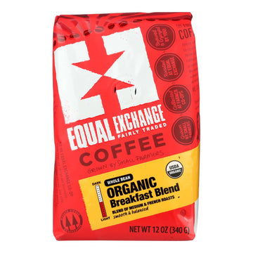 Equal Exchange Organic Whole Bean Coffee - Breakfast Blend - Case Of 6 - 12 Oz. - Maras Green