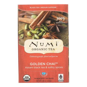 Numi Golden Chai Spiced Assam Black Tea - 18 Tea Bags - Case Of 6 - Maras Green
